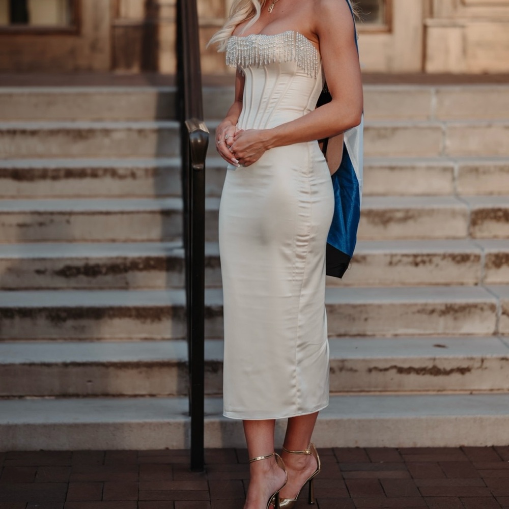 House of CB Cream Ruched Pencil Midi Dress